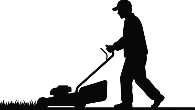 Lawn mowing silhouette, person pushing mower, black vector, gardening, landscaping, outdoor chore, grass cutting, posture, lifestyle, activity, motion,