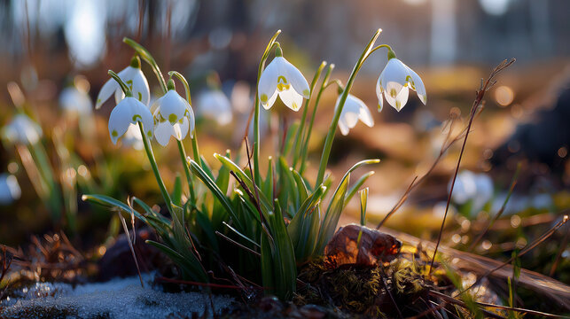Snowdrop flowers blooming in grass with snow around. Spring sunny day background