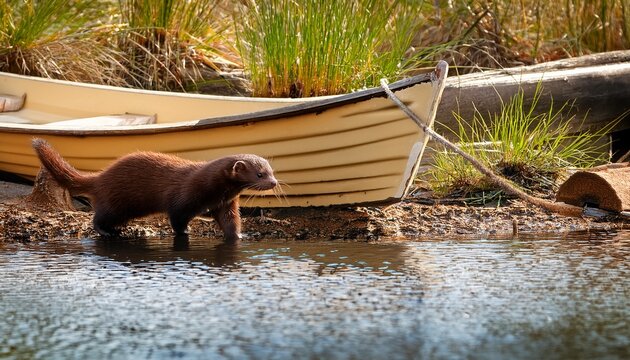 american mink walking stream edge beside docked rowboat