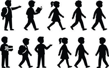 Obraz premium School children silhouette vector set, walking, reading, pointing, backpacks, black flat icons, editable isolated design