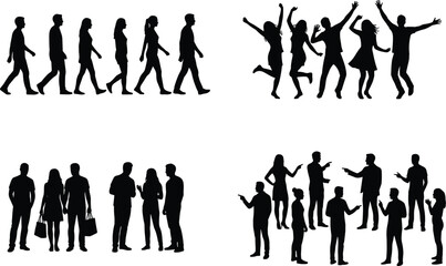 Social interaction silhouettes, people walking, jumping, shopping, talking, black vector, communication, behavior, lifestyle, unity, celebration