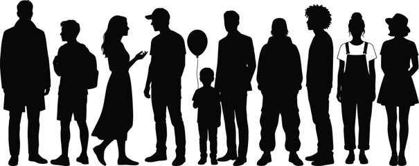 Standing people silhouette set, diverse group vector, black flat icons, balloon child pose, CAD drawing flat vector illustration