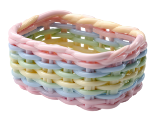 A tiny basket appears with round edges made of pastel colors. It has a cut-out design and is set against a transparent background. It can be used for various storing tasks
