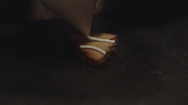 female baker carefully frosting and decorating Christmas cookie on dark kitchen table. Desaturated footage easily color matched