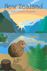 Iconic New Zealand kiwi bird in Milford Sound, Fiordland National Park, South island. New Zealand postcard series, greeting card. Vector illustration. 