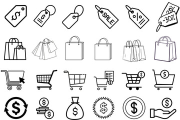 Shopping and Price Tag Line Icons Set, Sale and Discount E-Commerce Vector Illustration