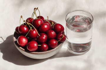 Fresh Cherries in Bowl with Glass of Water on Light Fabric