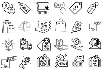 E-Commerce and Online Shopping Line Icons Set, Sale and Discount Vector Illustration
