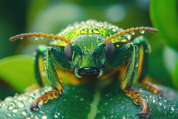 Fototapeta premium Close-up of colorful beetle with water droplets on green leaf in natural habitat