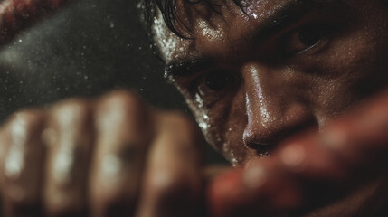 Southeast Asian boxer recovering against the ropes after an intense round. Sweaty, gritty, and emotionally charged moment. Close-up of asian boxer, resting in the ropes, during a boxing game.