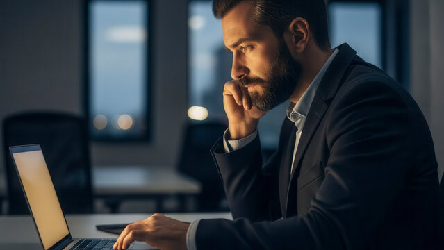 Serious and Focused Businessman Working Late into the Night on His Laptop in a Dimly Lit Modern Office, Dedicated to Business Tasks