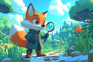 Curious fox detective in forest holding magnifying glass, adorable animal character exploring nature path on sunny day