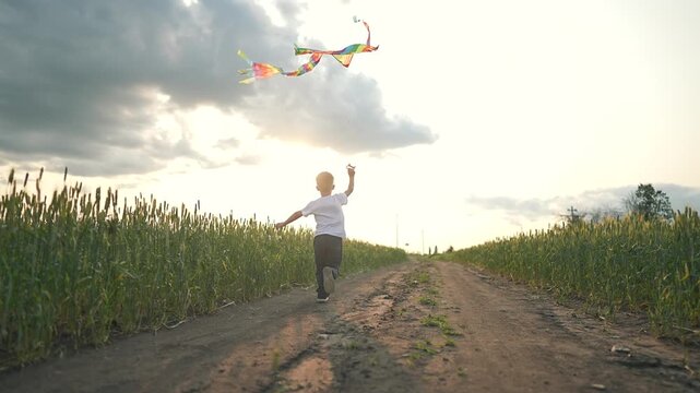A boy runs quickly along the outdoor field road, holding his kite toward the summer sky. The boy feels the wind, the boy loves the field, and the boy keeps playing. The kite flies high in joy.