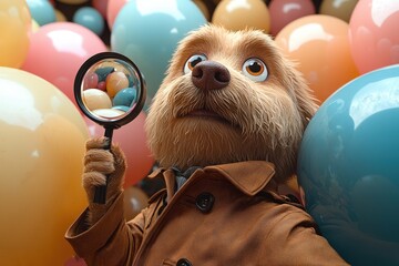 Detective dog character in trench coat examining colorful balloons with magnifying glass, playful investigation scene