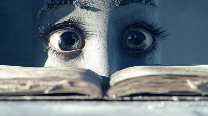Surreal close-up of a stone-like humanoid face with lifelike eyes peering over an old open book. Dramatic lighting highlights textures, symbolizing timeless wisdom, deep reading