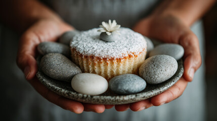 Minimalist close-up of hands holding a ceramic plate with a single cupcake, powdered sugar, smooth stones, and a white flower, evoking mindful zen and nature-inspired plating