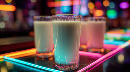 Zero-proof nightlife visual: milk in clear glasses against vibrant neon bokeh, sober-curious aesthetic with sleek, luxurious minimal detail