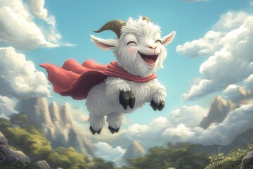 Happy baby goat wearing red cape flying joyfully over mountain landscape with blue sky and fluffy clouds
