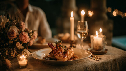 A candlelit Valentine&rsquo;s dinner alone with shrimp, wine, and roses. Celebrating self-love and mindful solitude.