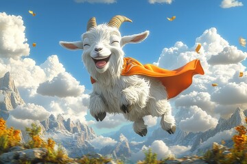 Joyful flying goat in orange cape amidst mountain landscape and blue sky filled with fluffy clouds