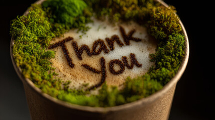 Cozy, nature-inspired matcha latte with latte art and "Thank you" lettering, symbolizing customer appreciation, calm hospitality, and eco-friendly cafe culture
