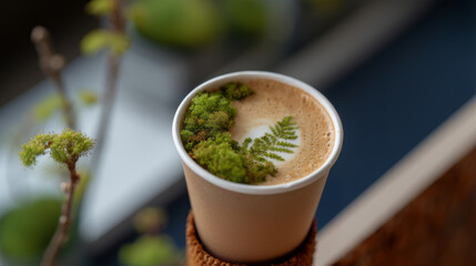 Minimal close-up of latte featuring green botanical art and organic garnish. Earthy tones, wellness aesthetic, slow living, plant-based influence, eco-conscious urban lifestyle
