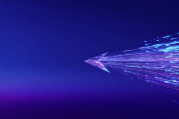 Illuminated abstract arrow shape moves rapidly across a deep blue and violet digital space