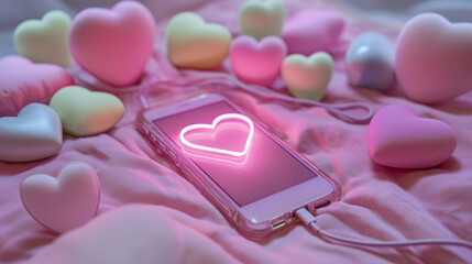 Cozy pastel setup featuring a phone with a glowing heart icon, charging amid scattered hearts; dreamy minimal style for online love and tech lifestyle concepts