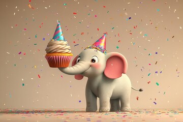 Adorable baby elephant wearing party hat holding cupcake surrounded by colorful confetti at birthday celebration