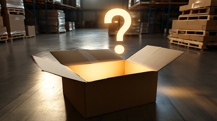 Open mystery box emitting bright light, sitting in a warehouse aisle with stacks of pallets, creates an atmosphere of anticipation and intrigue. What treasures are hidden within?