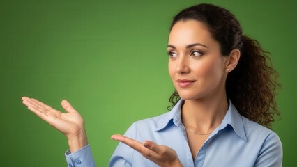 Confident young woman gesturing with open hands against a green background capturing curiosity and