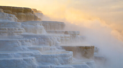Cascading terraces of mineral-rich waters create a unique natural landscape. Mist adds to the ethereal beauty, inviting exploration of this geological marvel.