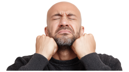 Mature bald man with a beard expressing intense frustration isolated on transparent background.