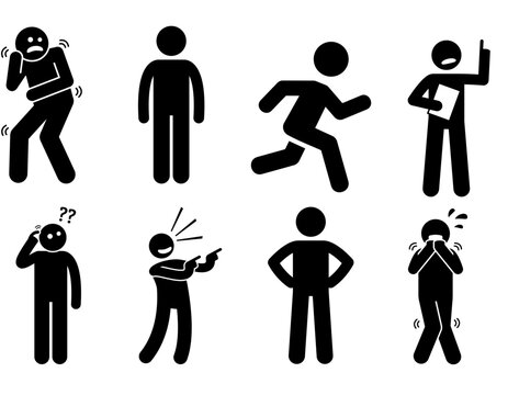 Stick figures illustrating various human emotions, actions, and states of mind such as pain, running, presenting, confusion, laughter, confidence, and sadness.