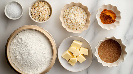 Baking ingredients are arrayed on a counter, featuring flour, oats, turmeric, sugar, butter, and salt. Perfect for a baking project, these staples offer versatility for culinary creations.