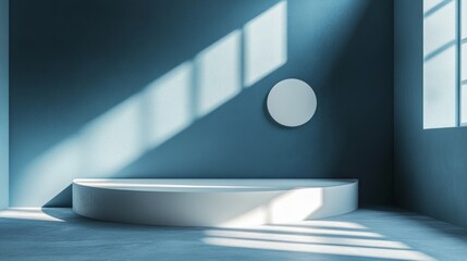 The minimalist interior with geometric shapes and soft lighting creates a peaceful atmosphere, suitable for the atmospheric backdrop in the design of modern living spaces.