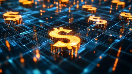 Glowing digital dollar coins on futuristic blue grid, financial technology concept