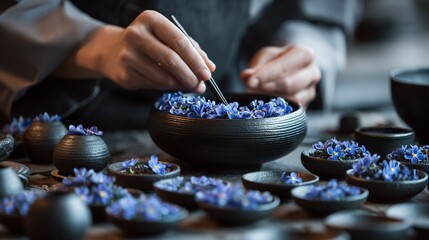 Tiny blue flowers being placed in black bowls by hands using tweezers