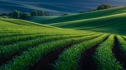 Naklejka premium Natural landscape of early summer grain crops in the Lower Rhine area, uniform planting patterns and healthy green color, soft sunlight, Earth Day concept emphasizing renewable lan