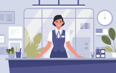 Obraz premium A receptionist stands behind a counter in a modern office environment with a welcoming gesture