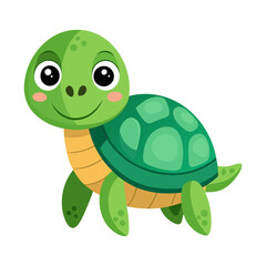 A cute green turtle cartoon character with a happy smile is a funny vector illustration of a cheerful reptile shell animal in a comic art style