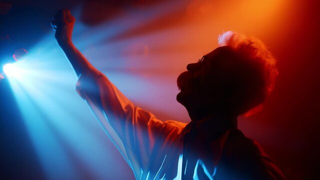 A passionate performer captured in dramatic lighting, striking a powerful pose against a vivid backdrop of colorful beams in a mesmerizing display of artistry and emotion.