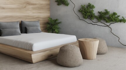Minimal bedroom interior with neutral color palette, creating calm, cozy, and wellness-focused atmosphere for relaxation and peaceful living