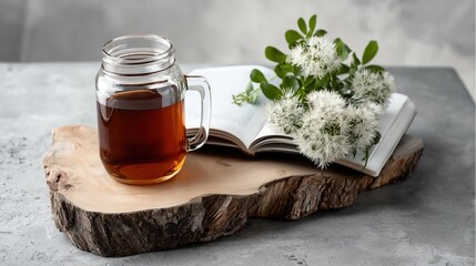 Minimal table with herbal tea, open book, and natural wooden tray, creating cozy, calm, and wellness-focused reading atmosphere