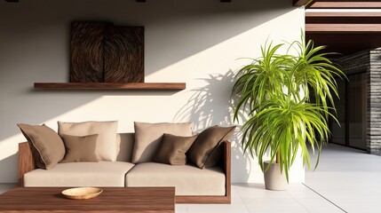 Minimalist living room with indoor plants, natural wood furniture, and cozy neutral tones creating calm, serene, and wellness-focused home interior