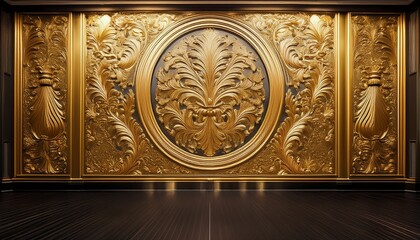 a large ornate gold wall with a black floor the wall is decorated with gold leaf and the floor is made of wood the room is empty and the lighting is bright