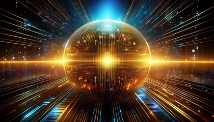 futuristic golden sphere surrounded by glowing data streams backdrop