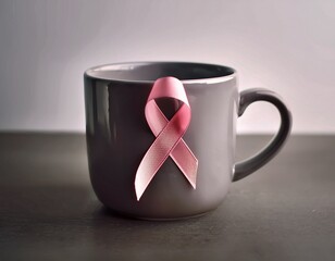 pink ribbon displayed on a gray mug symbolizing breast cancer awareness and support the photograph evokes hope and solidarity pink october