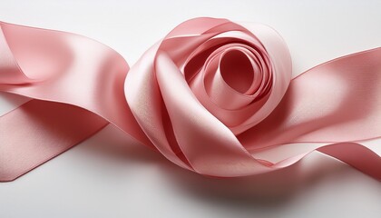 a silky rose colored ribbon curled in loops against a white surface suggests elegance and decoration for gifts or crafts