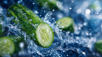 Fresh cucumber captured mid-splash in clear water, vibrant green tones, perfectly sliced rounds flying around, high-speed macro look conveying hydration and natural freshness